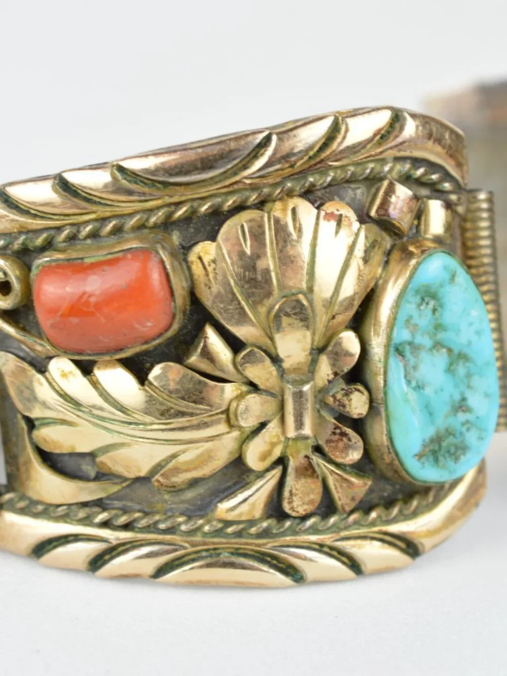VTG Southwestern Sterling Silver Turquoise Coral Watch Tips Band Native American